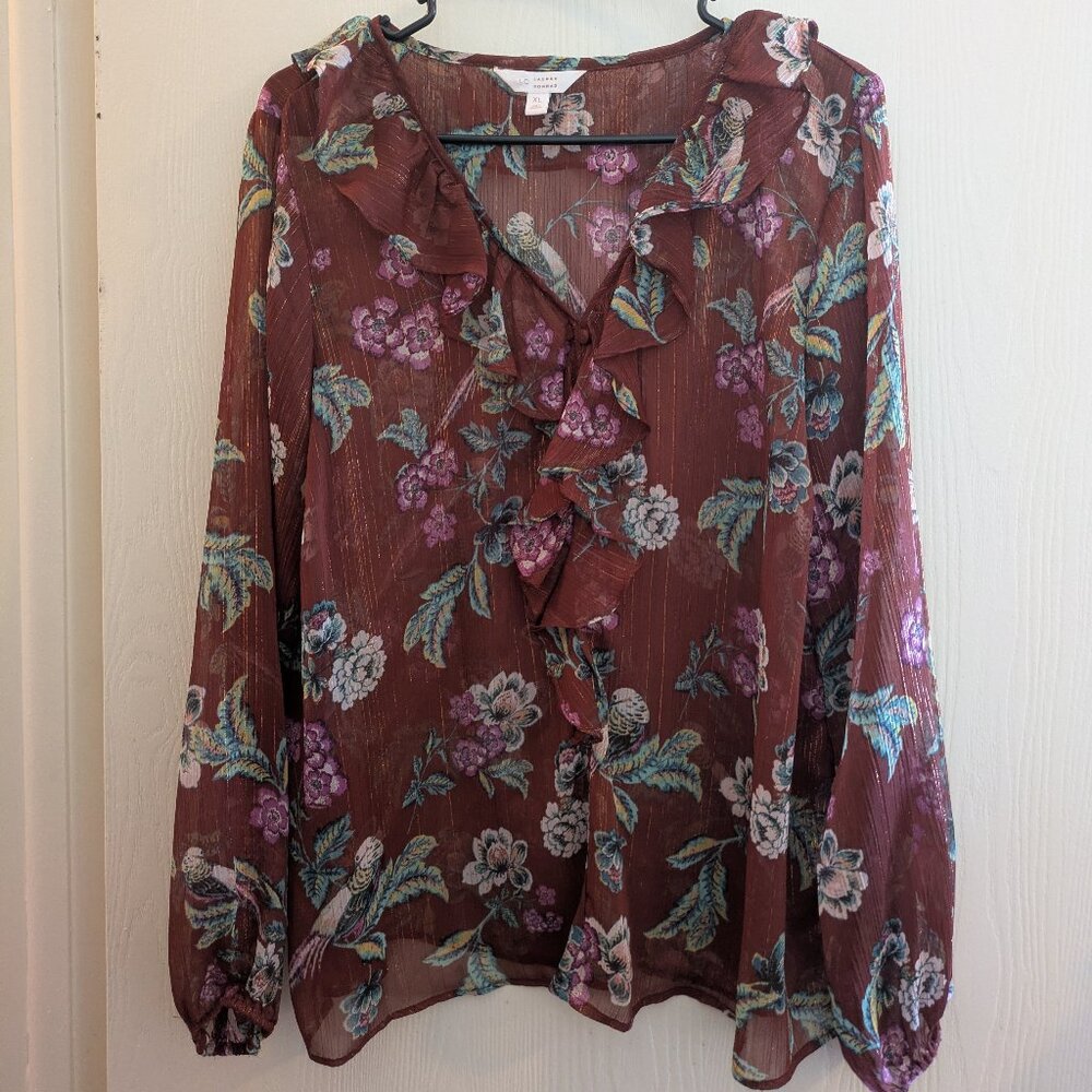 LC Lauren Conrad Sheer Floral Ruffled Blouse Women's XL Long Sleeve Peasant